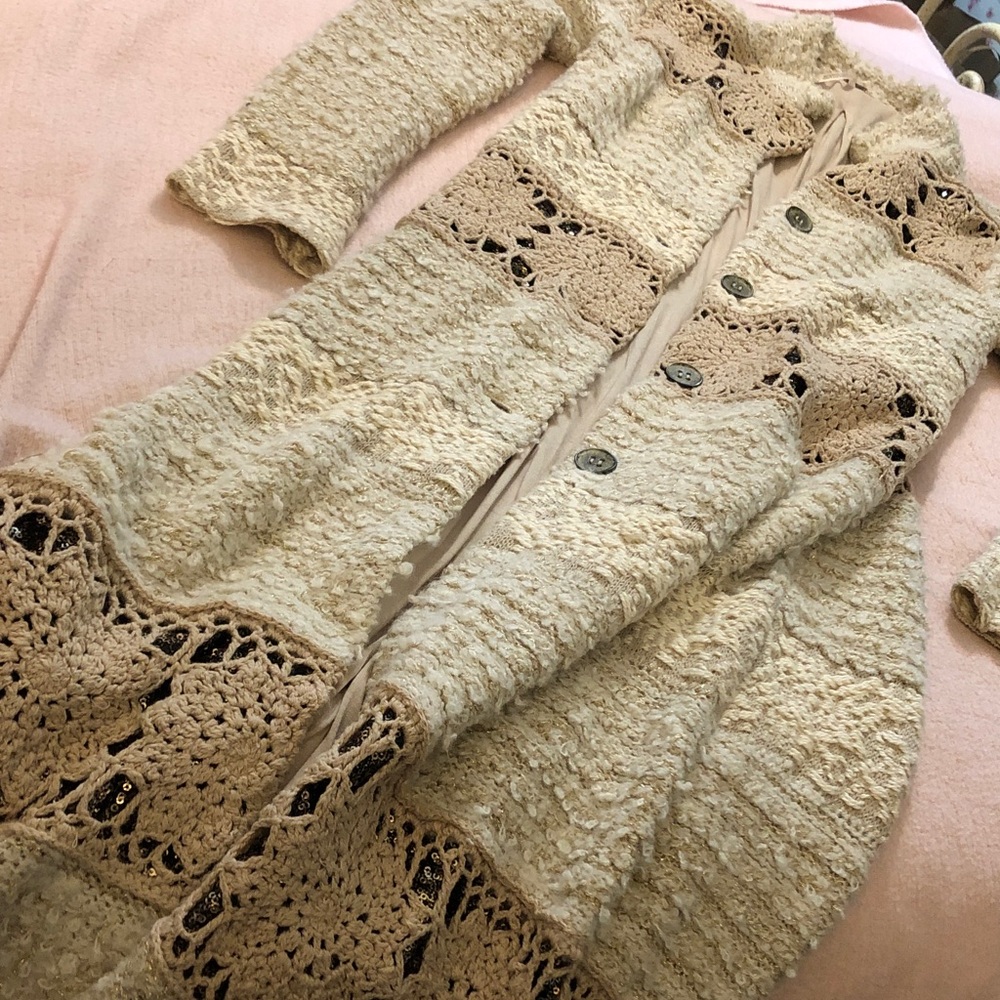 Free People Rare Cream and Gold Textured long  Cardigan/coat
